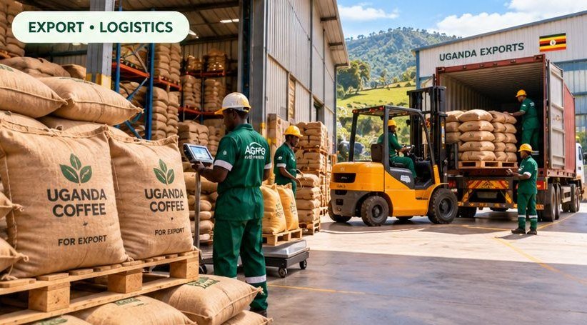 Coffee bags being loaded onto a truck at an export warehouse