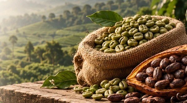 Green coffee beans in a sack beside a cocoa pod