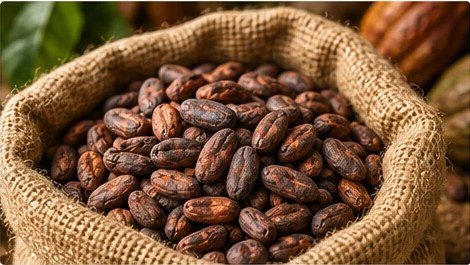 Fermented cocoa beans in a wooden scoop