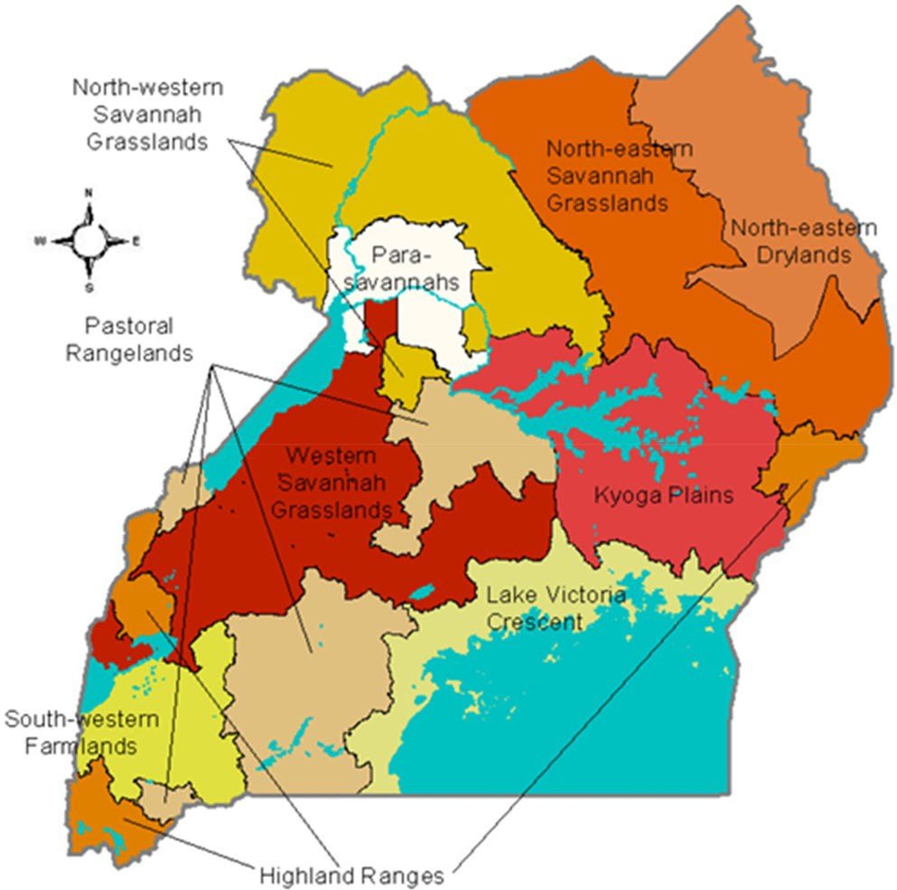 Map of Uganda showing the agroecological zones