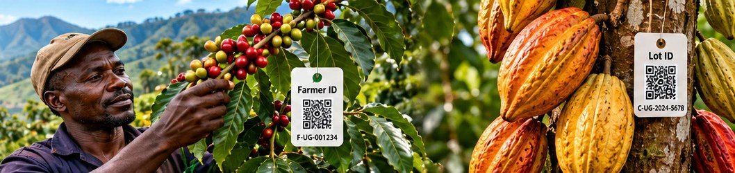 A farmer picking coffee cherries beside a cocoa tree with hanging pods